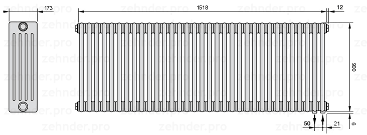 Схема (чертеж) Радиатор Zehnder Charleston 5090/33 №5510 Белый глянцевый RAL 9016